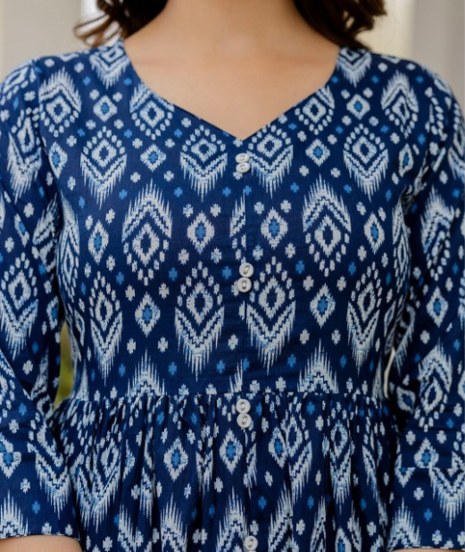 Floral Printed V-Neck Cotton A-Line Dress