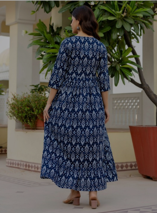 Floral Printed V-Neck Cotton A-Line Dress