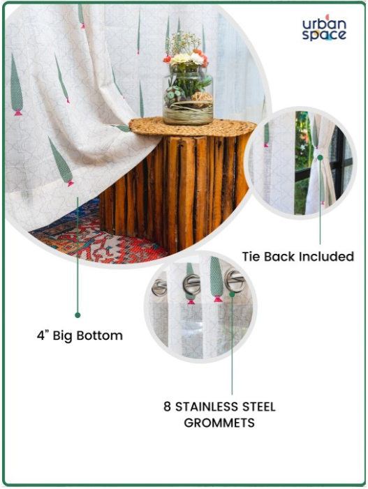 URBAN SPACE | White & Green Set of 2 Ethnic Motifs Sheer Window Curtain