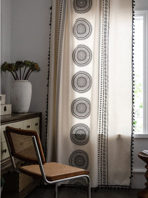 URBAN SPACE |  Boho Black & White Ethnic Motifs Printed Cotton Window Curtain
