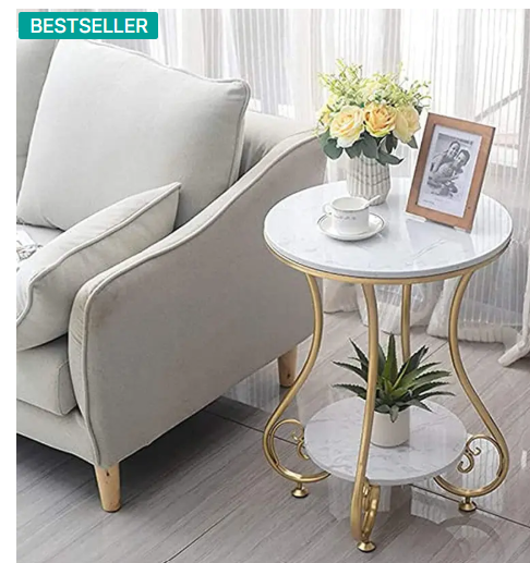 MODERN CRAFTHOUSE Modern Double Top Round Coffee Table | Side Table | Centertable | Beside Table Metal Bedside Table  (Finish Color - Golden & White, Pre-assembled)