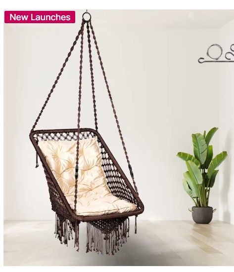 Patiofy Premium Square Swing for Adults with Golden Cushion, Jhula Indoor,Swing for Home Polyester Hammock  (Brown, DIY(Do-It-Yourself))