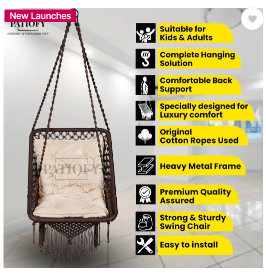 Patiofy Premium Square Swing for Adults with Golden Cushion, Jhula Indoor,Swing for Home Polyester Hammock  (Brown, DIY(Do-It-Yourself))