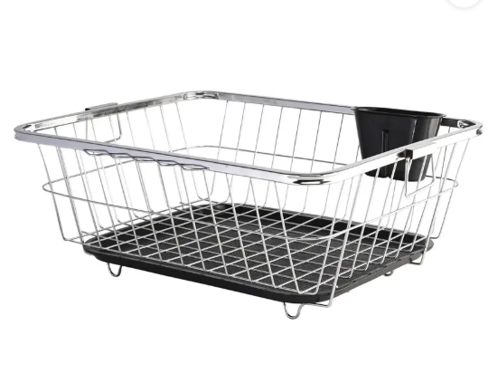Quickmart Dish Drainer Kitchen Rack Plastic Steel Dish Rack With Handle & Draining Tray Included | 17x22 Inch