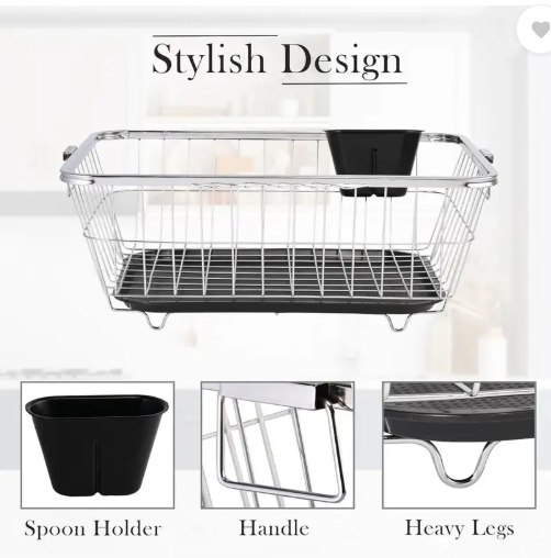 Quickmart Dish Drainer Kitchen Rack Plastic Steel Dish Rack With Handle & Draining Tray Included | 17x22 Inch