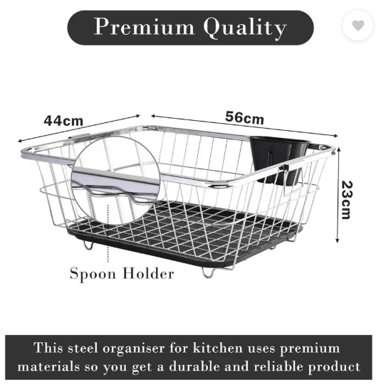 Quickmart Dish Drainer Kitchen Rack Plastic Steel Dish Rack With Handle & Draining Tray Included | 17x22 Inch