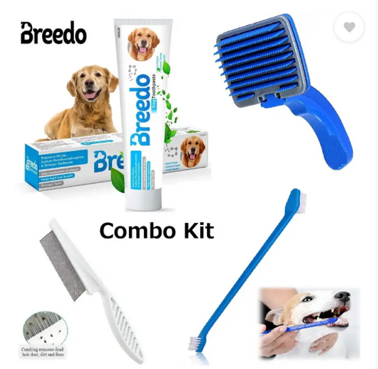 Breedo (Combo of 4) Dog Toothpaste + Teeth Brush + Comb + Slicker For All Breed Dogs Basic Comb for Dog & Cat, Dog, Monkey, Rabbit, Hamster