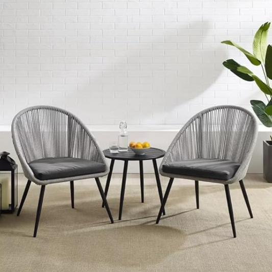 OUTAREA 3-Piece Outdoor Patio Bistro Set with Handwoven All Weather Waterproof Rope Chairs & Coffee Table for Garden|| Pool|| Balcony|| Lawn (Grey & Black)