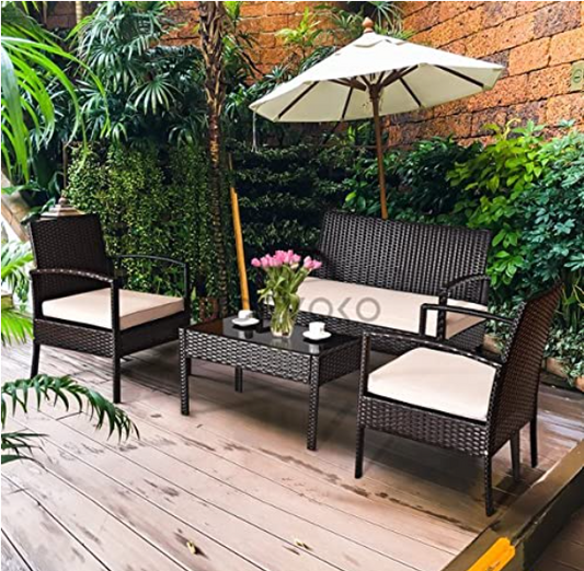 DEVOKO 4 Pieces Patio Furniture Set, Outdoor Sectional Sofa Rattan Wicker Conversation Set with Soft Cushion and Glass Center Table for Outside Porch, Lawn, Garden, Backyard (Dark Brown and Cream)