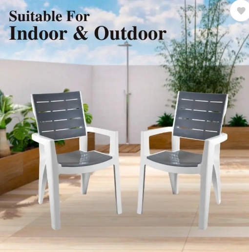 ITALICA Designer Series Comfortable Plastic Arm Chair/Double Insert Stackable Chair/ Plastic Outdoor Chair  (White & Grey, Set of 6, Pre-assembled)