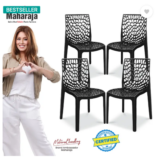 MAHARAJA Wave Stylish Heavy Duty | Stackable | Armless | for Garden and cafeteria Plastic Cafeteria Chair  (Black, Set of 4, Pre-assembled)