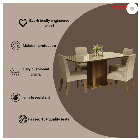 Madesa Dining Room Set Glass Avril Engineered Wood 4 Seater Dining Set  (Finish Color -Rustic, Knock Down)