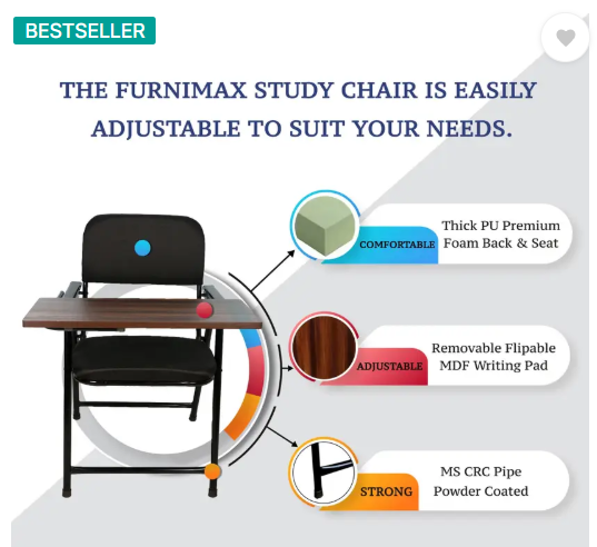 FURNIMAX Folding Study Chair With Cushion & Adjustable Writing Pad Fabric Study Folding Chair  (Black, Pre-assembled)