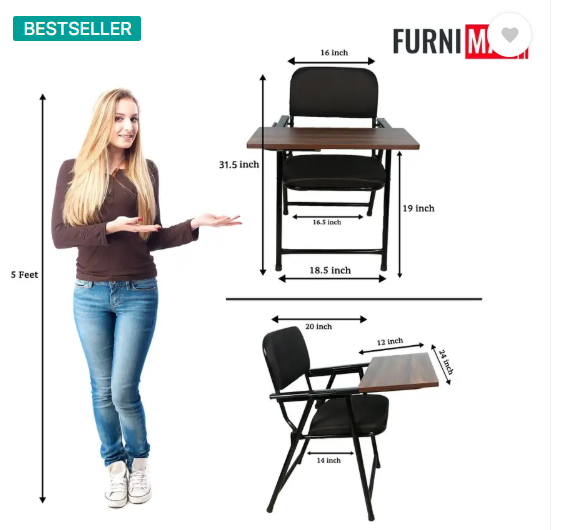 FURNIMAX Folding Study Chair With Cushion & Adjustable Writing Pad Fabric Study Folding Chair  (Black, Pre-assembled)