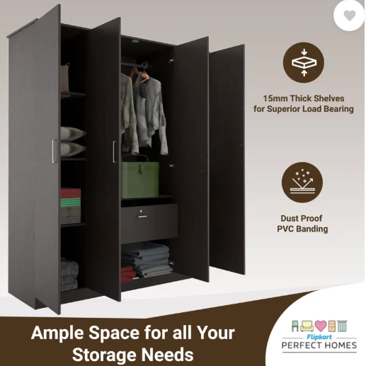 Flipkart Perfect Homes Julian Engineered Wood 4 Door Wardrobe  (Finish Color - Wenge, Mirror Included, Knock Down)