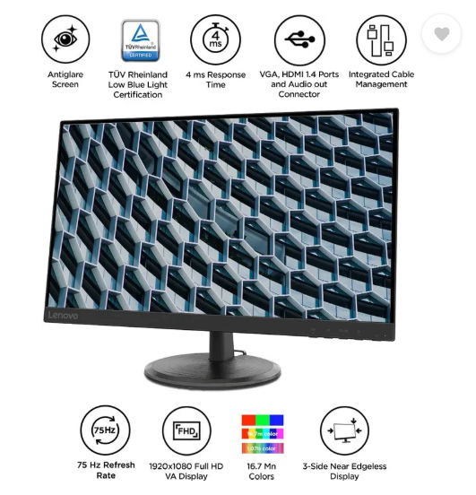 Lenovo 68.58 cm (27 inch) Full HD VA Panel with TUV Eye Care Monitor (D27-40/D27-30)  (Response Time: 4 ms, 75 Hz Refresh Rate)