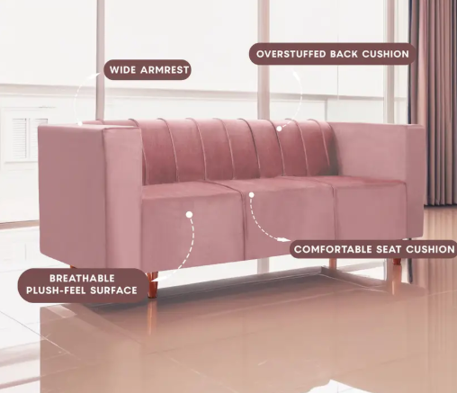 Seventh Heaven Sydney 3 Seater Sofa, Extra Spacious, Premium Velvet Fabric: Fabric 3 Seater Sofa  (Finish Color - Peach, DIY(Do-It-Yourself))