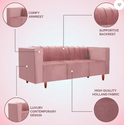 Seventh Heaven Sydney 3 Seater Sofa, Extra Spacious, Premium Velvet Fabric: Fabric 3 Seater Sofa  (Finish Color - Peach, DIY(Do-It-Yourself))
