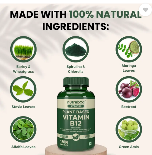 Nutrabud Organics Plant Based Vitamin B12 Supplement | Supports Nervous System  (120 Capsules)