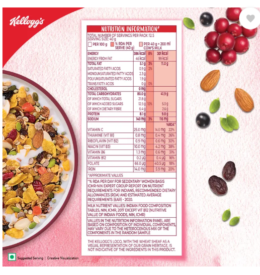 Kellogg's Muesli Fruit Nut & Seeds, 12-in-1 Power Breakfast Cereal Pouch  (750 g)