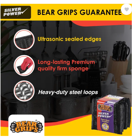 Bear Grips Silver Power foam wool scrubber with steel loops for tough oily stains dish washing Stainless Steel Scrub  (Regular, Pack of 4)