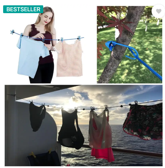 VARNIRAJ IMPORT & EXPORT Clothes Hanging 2 Hook Drying Rope 12 Clips Portable Outdoor Travel Clotheslin Plastic, Steel Retractable Clothesline  (1.8 m)
