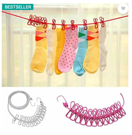 VARNIRAJ IMPORT & EXPORT Clothes Hanging 2 Hook Drying Rope 12 Clips Portable Outdoor Travel Clotheslin Plastic, Steel Retractable Clothesline  (1.8 m)