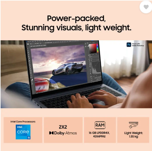 Samsung Galaxy Book4 Metal Intel Core i5 13th Gen 1335U - (16 GB/512 GB SSD/Windows 11 Home) NP750XGJ-KG2IN / NP750XGJ-LG2IN Thin and Light Laptop  (15.6 Inch, Gray, 1.55 Kg, With MS Office)