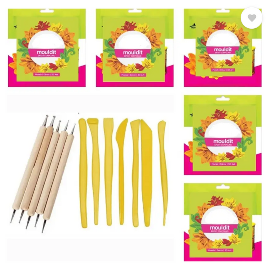 Pehrovin Clay tools (set of 7) + Dotting tools (5) +5 Packets of Mouldit(50 gms each) Art Clay  (250 g)
