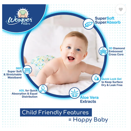 Wowper Fresh Baby Diaper Pants | Medium | 7-12 Kgs | Wetness Indicator - M  (72 Pieces)
