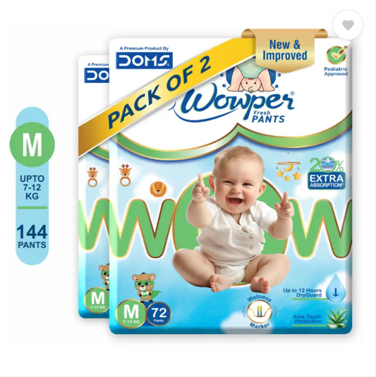 Wowper Fresh Baby Diapers Pants by Doms|Wetness Indicator| Upto 12Hrs Absorb | 7-12 Kg - M  (144 Pieces)
