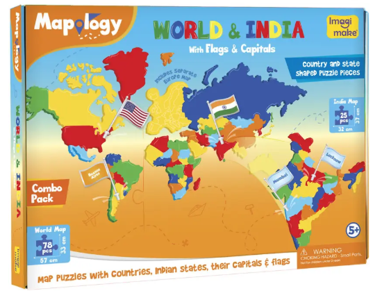 Imagimake Mapology India & World with Capitals-Educational Toy for Kids Above 5 Years  (106 Pieces)