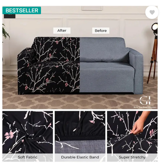 Gifts Island Polyester Floral 3+1+1 Seater Sofa Cover  (Black Stem Pack of 3)