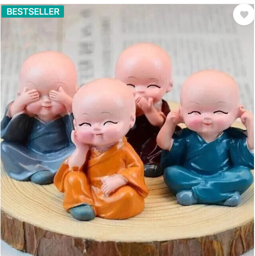 Manthan Baby Monk Buddha Set Of 4 Statue for Home Office Car Dashboard Decorative Showpiece - 4 cm  (Polyresin, Multicolor)