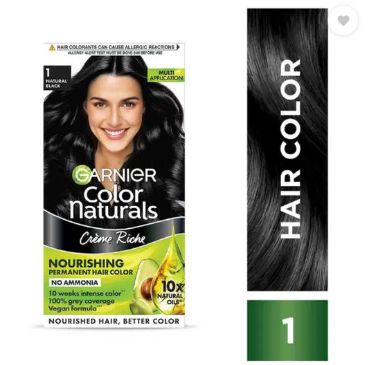 GARNIER Color Naturals Creme Hair Colour |Long-lasting color & Shine , Shade 1, Natural Black