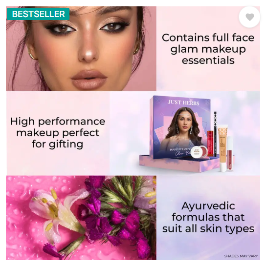 Just Herbs Makeup Glam Kit with Lip Balm, Foundation, Liquid Lipstick, Cheek Tint & Kajal