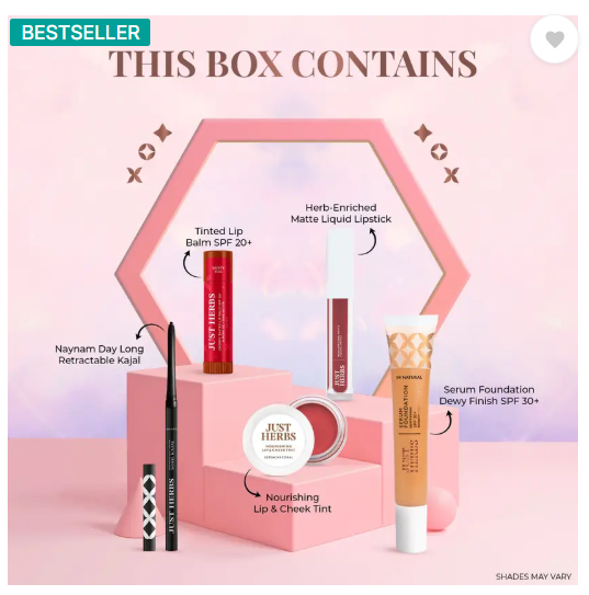 Just Herbs Makeup Glam Kit with Lip Balm, Foundation, Liquid Lipstick, Cheek Tint & Kajal