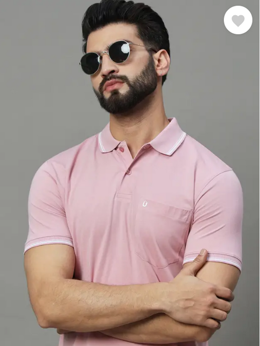 UNIBERRY | Men Solid Polo Neck Cotton Blend Pink T-Shirt