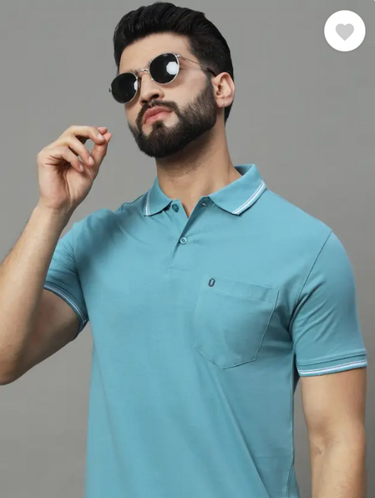UNIBERRY  |  Men Solid Polo Neck Cotton Blend Blue T-Shirt