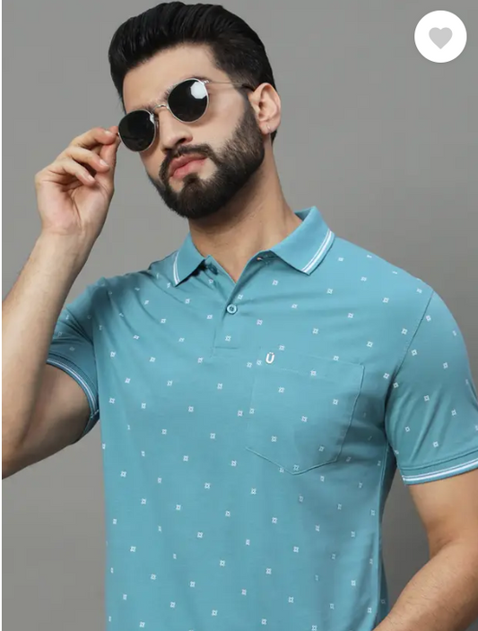 UNIBERRY  | Men Printed Polo Neck Cotton Blend Blue T-Shirt