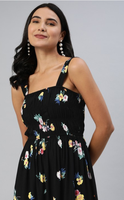 EVERYDAY by ANI | Black & Yellow Floral Print Smocked Midi Fit & Flare Dress