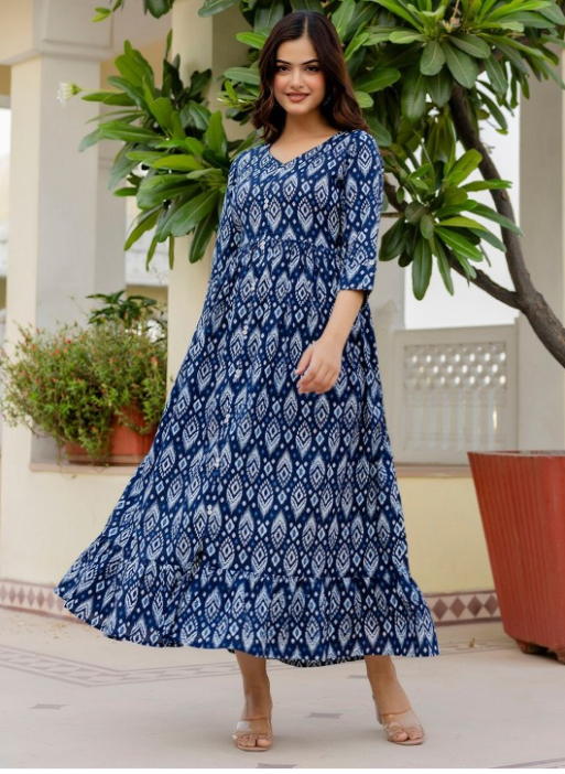 Floral Printed V-Neck Cotton A-Line Dress