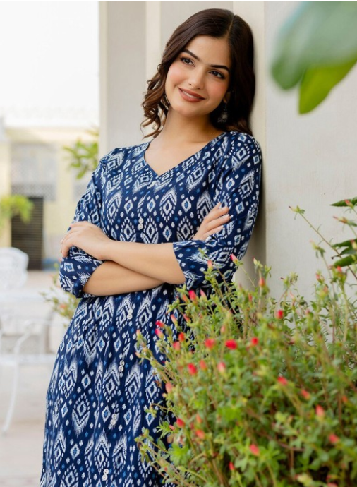 Floral Printed V-Neck Cotton A-Line Dress